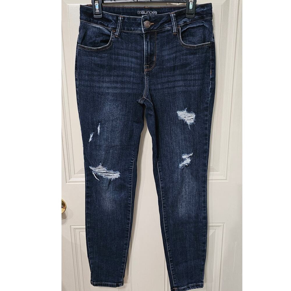 Maurices Mid Rise Stretch Distressed Dark Wash Blue Jean size L